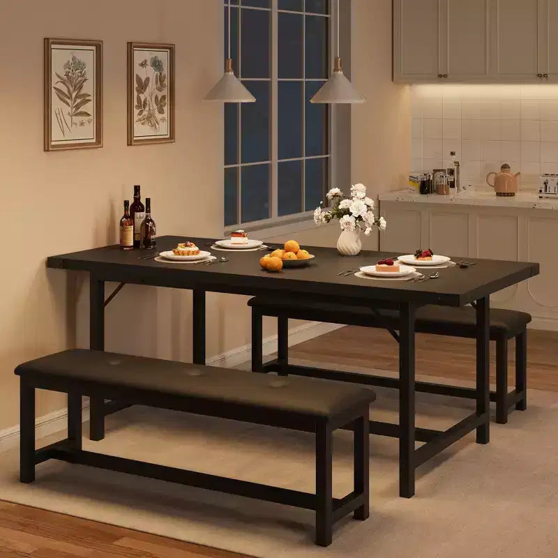 Eettafelset voor 4–6 personen, 63 inch uitschuifbare keukentafel met bank, rechthoekige tafelset met metalen frame en 2 gestoffeerde banken voor eetkamer of appartement