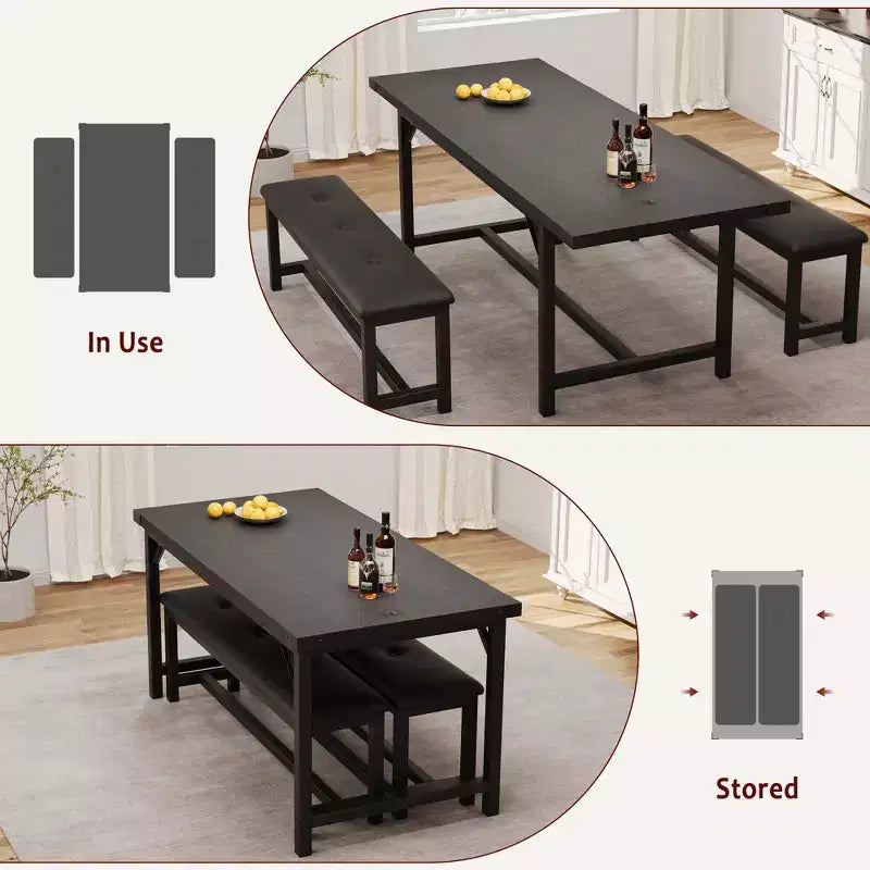 Eettafelset voor 4–6 personen, 63 inch uitschuifbare keukentafel met bank, rechthoekige tafelset met metalen frame en 2 gestoffeerde banken voor eetkamer of appartement