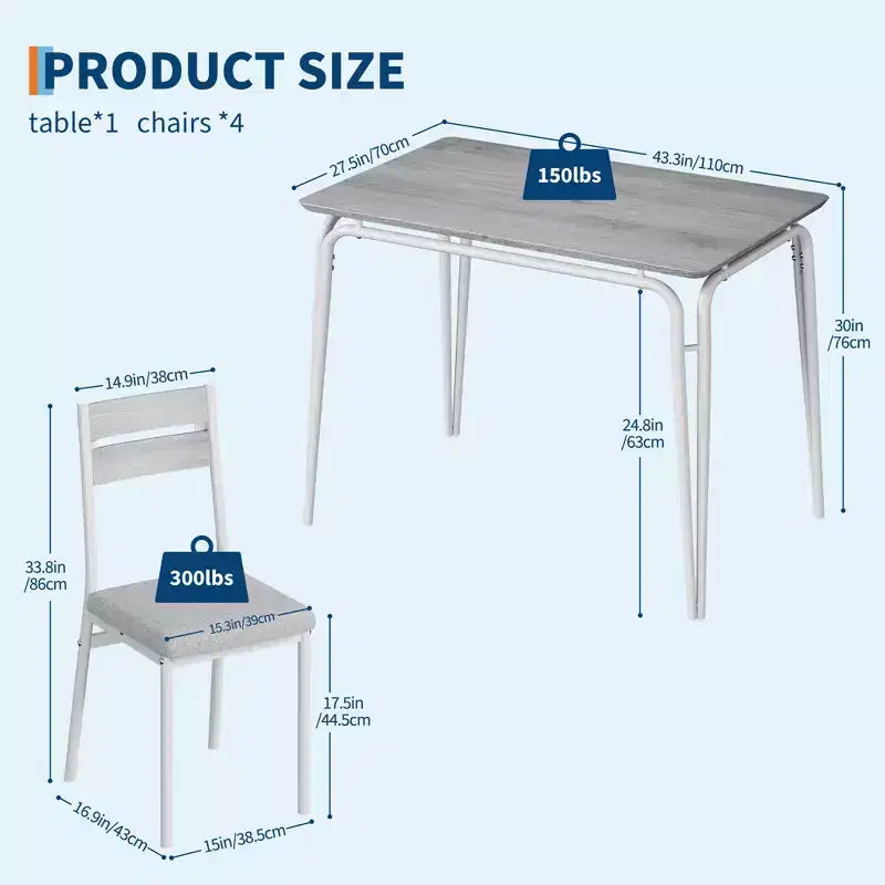 Eettafel voor 4 personen, kleine tafel- en stoelenset van 4, vierkante eethoekset met 4 stoelen, 5-delige keuken- en eetkamerset voor kleine ruimtes, appartement