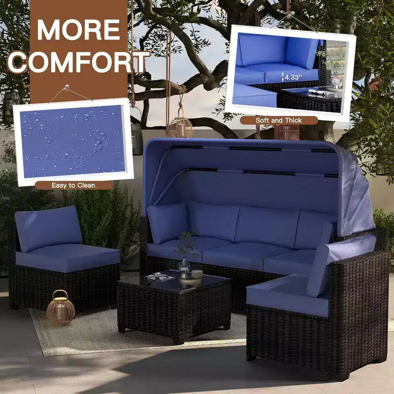 4 Pieces Patio Sectional Sofa Set, PE Rattan Daybed, Outdoor Wicker Sunbed Chaise Chair, Adjustable Backrest, for Poolside, Backyard