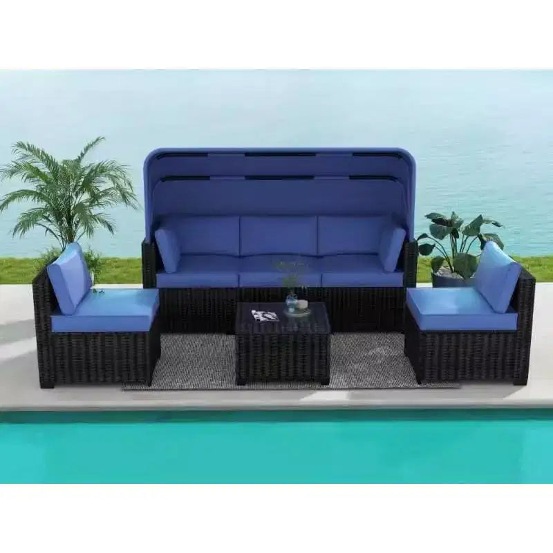 4 Pieces Patio Sectional Sofa Set, PE Rattan Daybed, Outdoor Wicker Sunbed Chaise Chair, Adjustable Backrest, for Poolside, Backyard