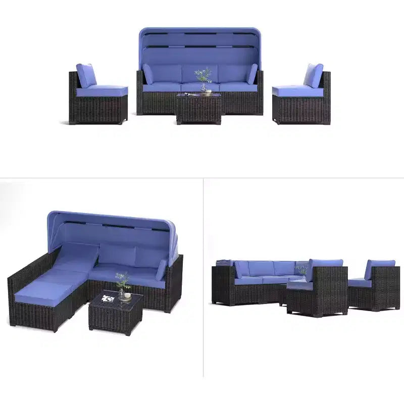 4 Pieces Patio Sectional Sofa Set, PE Rattan Daybed, Outdoor Wicker Sunbed Chaise Chair, Adjustable Backrest, for Poolside, Backyard