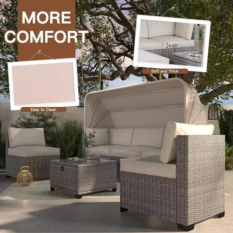 4 Pieces Patio Sectional Sofa Set, PE Rattan Daybed, Outdoor Wicker Sunbed Chaise Chair, Adjustable Backrest, for Poolside, Backyard
