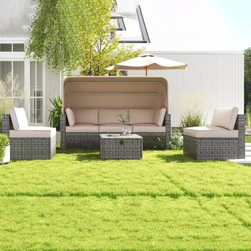 4 Pieces Patio Sectional Sofa Set, PE Rattan Daybed, Outdoor Wicker Sunbed Chaise Chair, Adjustable Backrest, for Poolside, Backyard