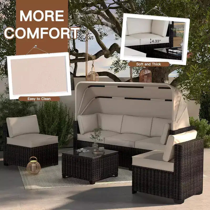 4 Pieces Patio Sectional Sofa Set, PE Rattan Daybed, Outdoor Wicker Sunbed Chaise Chair, Adjustable Backrest, for Poolside, Backyard