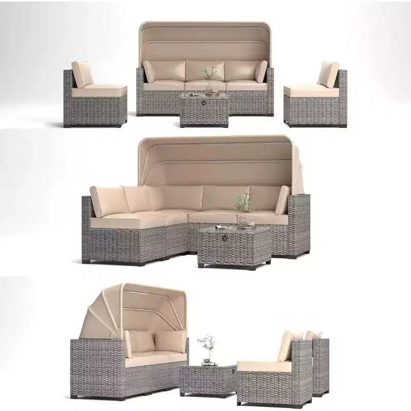 4 Pieces Patio Sectional Sofa Set, PE Rattan Daybed, Outdoor Wicker Sunbed Chaise Chair, Adjustable Backrest, for Poolside, Backyard