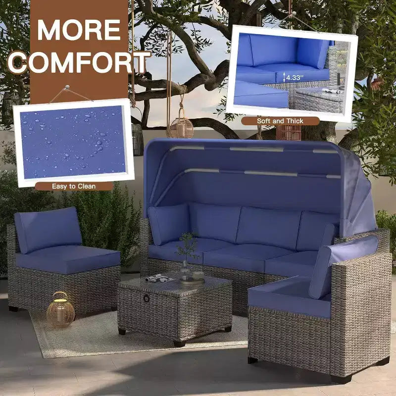 4 Pieces Patio Sectional Sofa Set, PE Rattan Daybed, Outdoor Wicker Sunbed Chaise Chair, Adjustable Backrest, for Poolside, Backyard