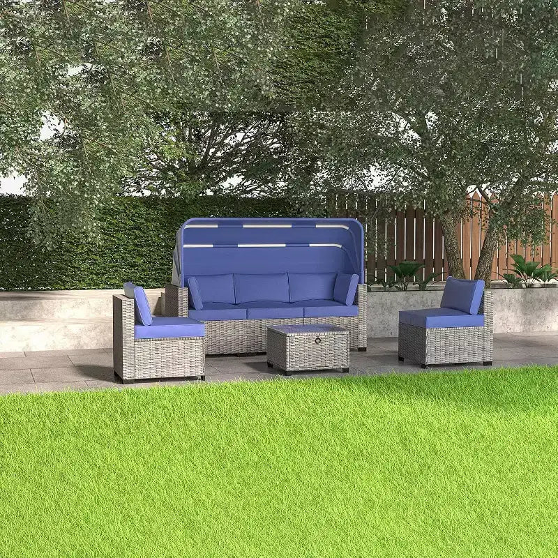 4 Pieces Patio Sectional Sofa Set, PE Rattan Daybed, Outdoor Wicker Sunbed Chaise Chair, Adjustable Backrest, for Poolside, Backyard