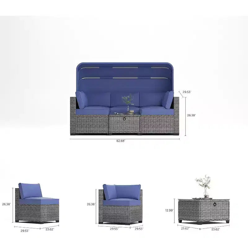 4 Pieces Patio Sectional Sofa Set, PE Rattan Daybed, Outdoor Wicker Sunbed Chaise Chair, Adjustable Backrest, for Poolside, Backyard