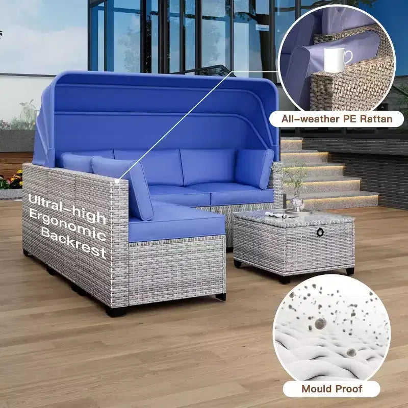 4 Pieces Patio Sectional Sofa Set, PE Rattan Daybed, Outdoor Wicker Sunbed Chaise Chair, Adjustable Backrest, for Poolside, Backyard