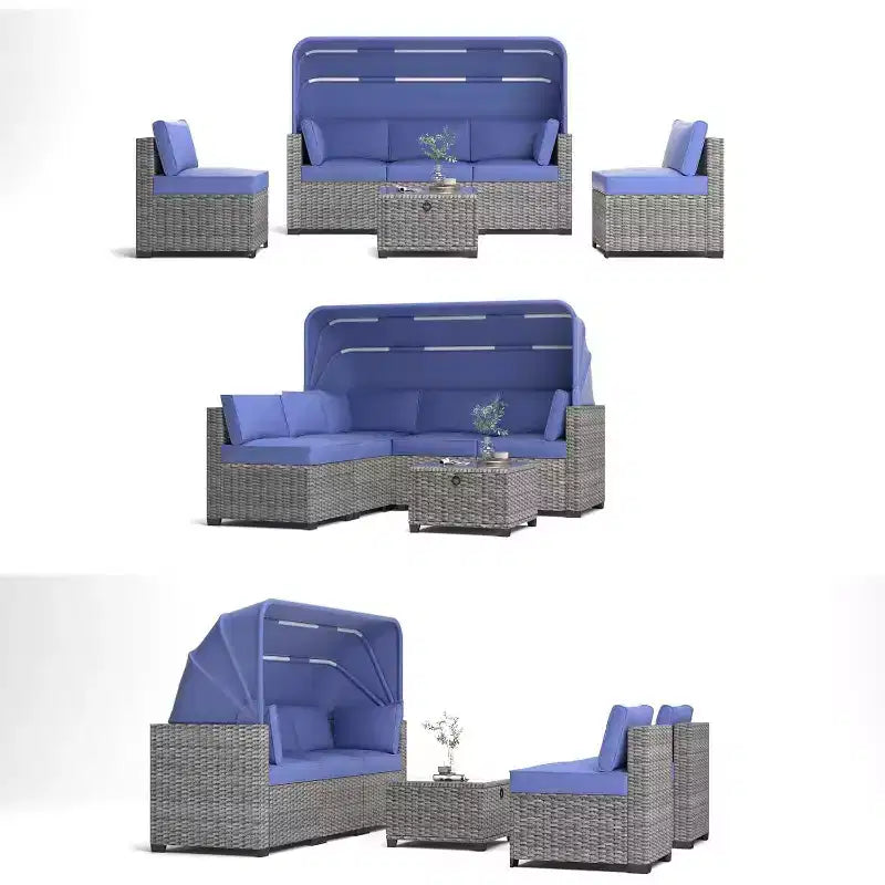 4 Pieces Patio Sectional Sofa Set, PE Rattan Daybed, Outdoor Wicker Sunbed Chaise Chair, Adjustable Backrest, for Poolside, Backyard
