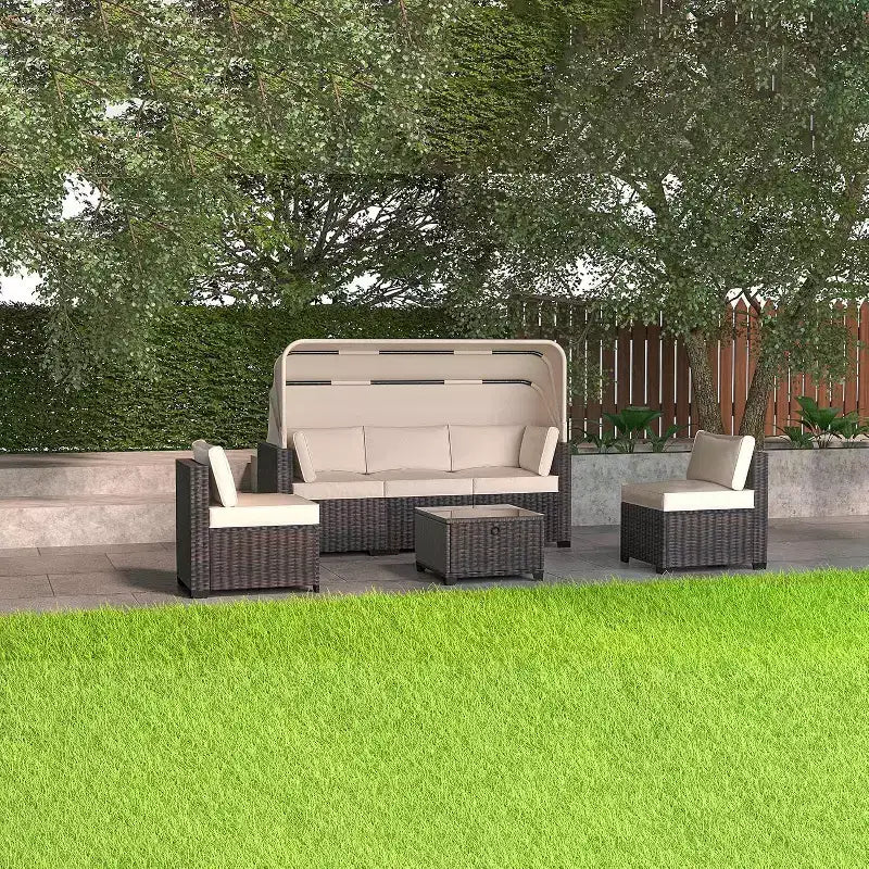 4 Pieces Patio Sectional Sofa Set, PE Rattan Daybed, Outdoor Wicker Sunbed Chaise Chair, Adjustable Backrest, for Poolside, Backyard