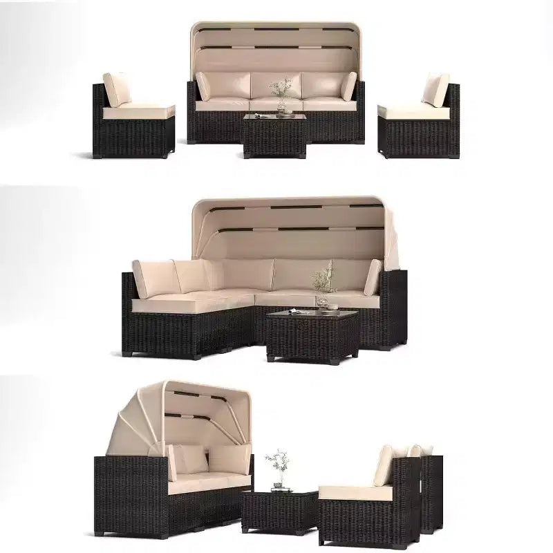 4 Pieces Patio Sectional Sofa Set, PE Rattan Daybed, Outdoor Wicker Sunbed Chaise Chair, Adjustable Backrest, for Poolside, Backyard