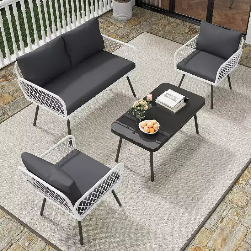Acekool 3-Piece Patio Furniture Set with 2 PE Wicker Chairs & Loveseat, Glass Top Coffee Table, Outdoor Seating with Cushions for Balcony & Garden
