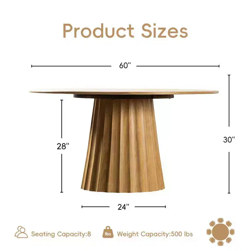 PexFix 60 moderne ronde eetkamerset met 8 gestoffeerde stoelen, blad van natuurlijk gestructureerd hout, geplooide voet, beige zittingen voor keuken en eetkamer