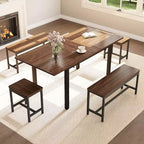 TROPOW Extendable Dining Table Set for 6-8 People, Farmhouse Style Wooden Table with 2 Benches and 2 Stools