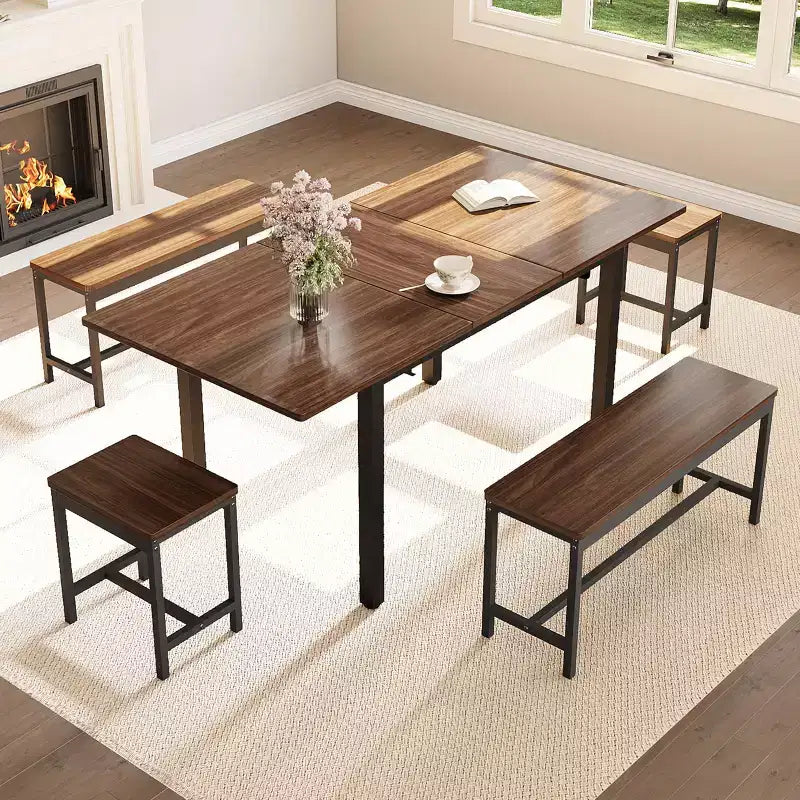 TROPOW Extendable Dining Table Set for 6-8 People, Farmhouse Style Wooden Table with 2 Benches and 2 Stools