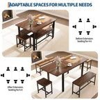 TROPOW Extendable Dining Table Set for 6-8 People, Farmhouse Style Wooden Table with 2 Benches and 2 Stools