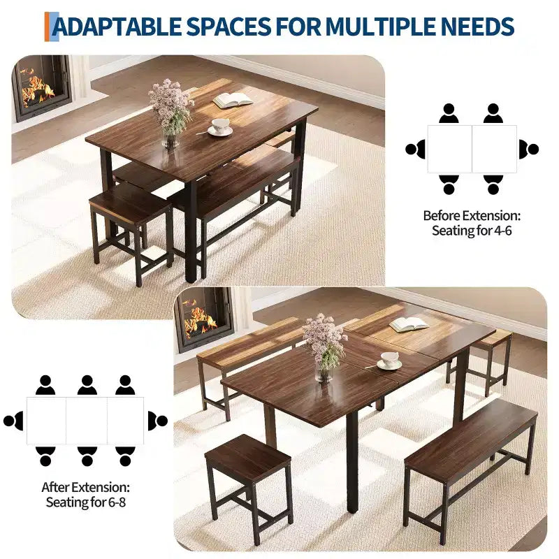 TROPOW Extendable Dining Table Set for 6-8 People, Farmhouse Style Wooden Table with 2 Benches and 2 Stools
