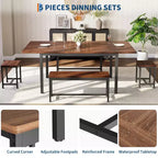 TROPOW Extendable Dining Table Set for 6-8 People, Farmhouse Style Wooden Table with 2 Benches and 2 Stools
