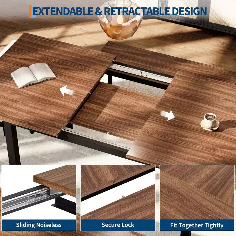 TROPOW Extendable Dining Table Set for 6-8 People, Farmhouse Style Wooden Table with 2 Benches and 2 Stools
