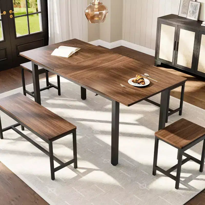 TROPOW Extendable Dining Table Set for 6-8 People, Farmhouse Style Wooden Table with 2 Benches and 2 Stools