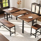 TROPOW Extendable Dining Table Set for 6-8 People, Farmhouse Style Wooden Table with 2 Benches and 2 Stools