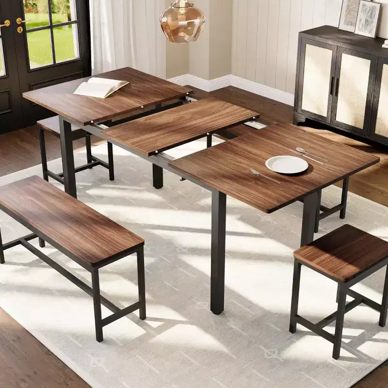 TROPOW Extendable Dining Table Set for 6-8 People, Farmhouse Style Wooden Table with 2 Benches and 2 Stools