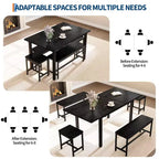 TROPOW Extendable Dining Table Set for 6-8 People, Farmhouse Style Wooden Table with 2 Benches and 2 Stools