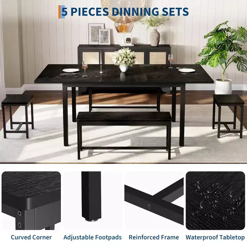 TROPOW Extendable Dining Table Set for 6-8 People, Farmhouse Style Wooden Table with 2 Benches and 2 Stools