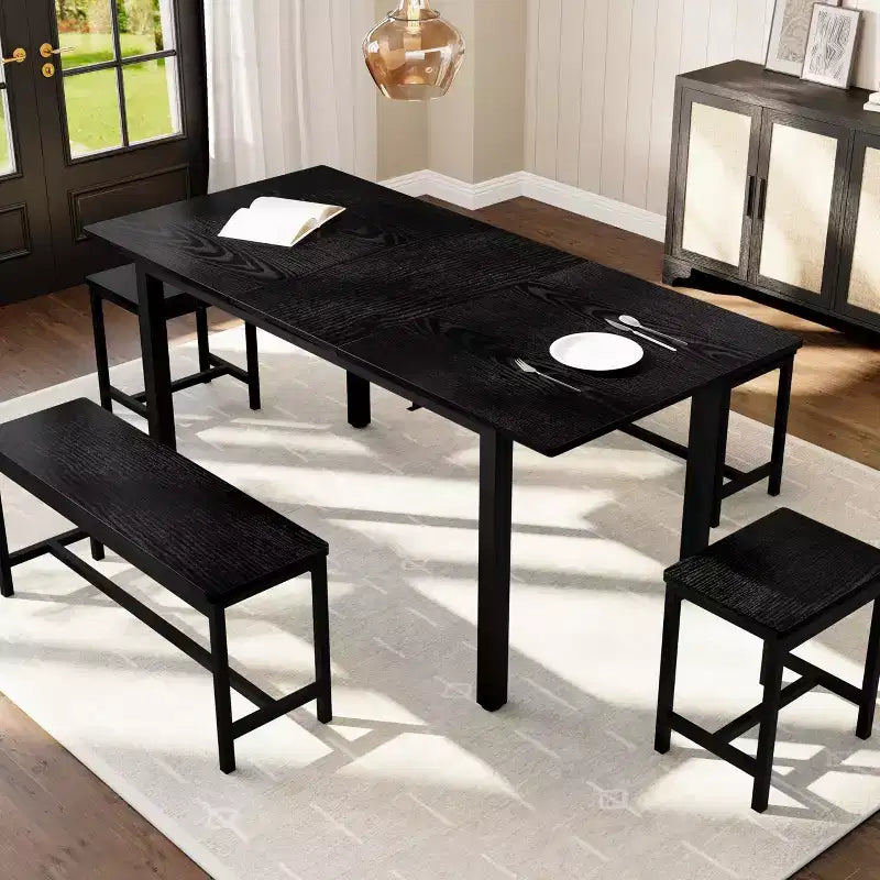 TROPOW Extendable Dining Table Set for 6-8 People, Farmhouse Style Wooden Table with 2 Benches and 2 Stools