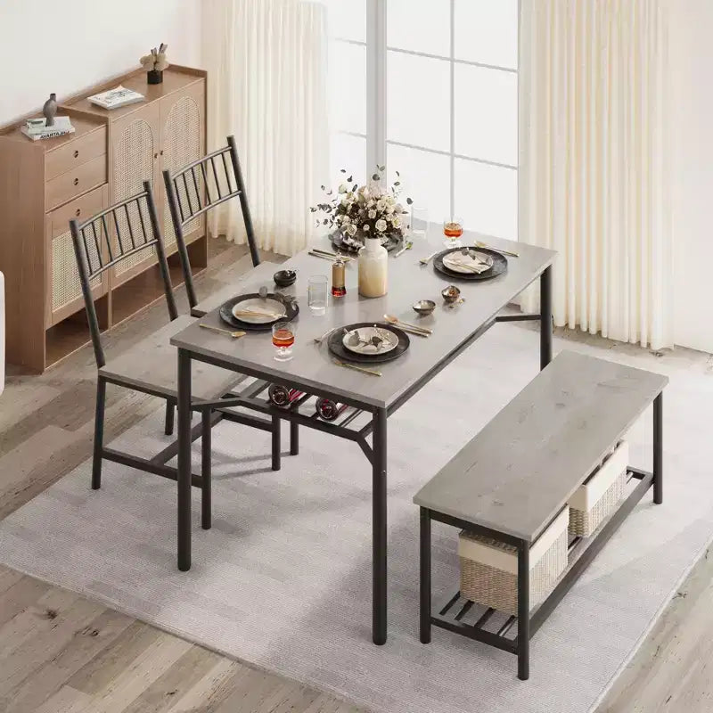 Keukentafel- en stoelenset voor 4 personen, eetkamerset voor 4 personen met bank en stoelen, 4-delige keukentafelset met opbergrek voor kleine ruimtes