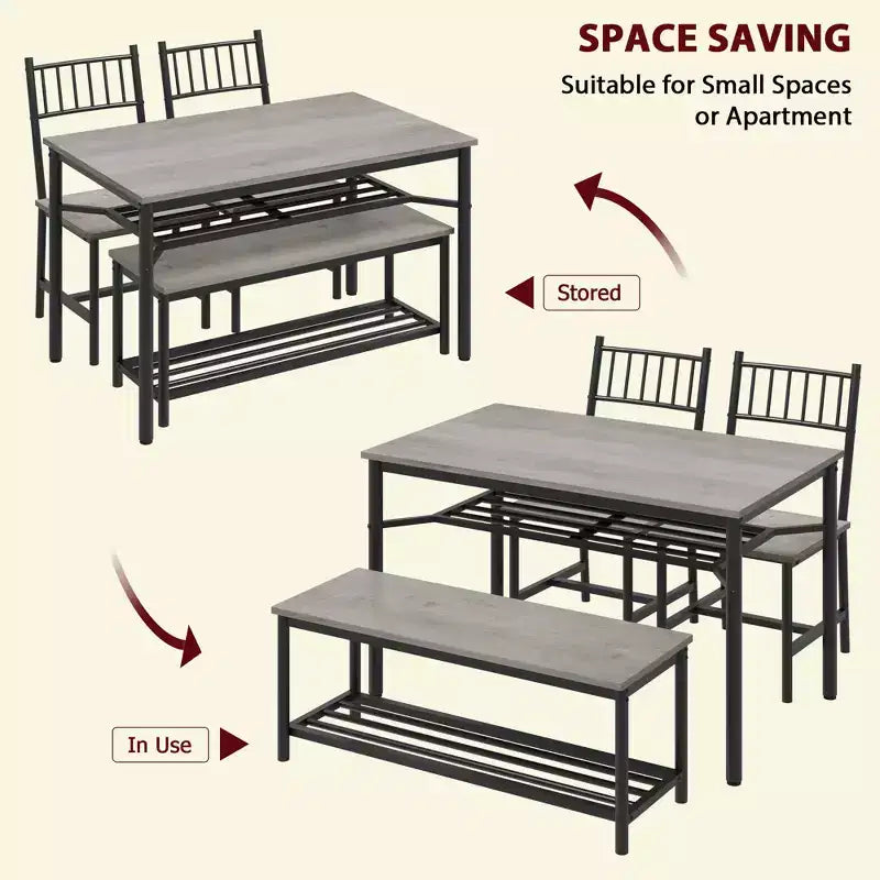 Keukentafel- en stoelenset voor 4 personen, eetkamerset voor 4 personen met bank en stoelen, 4-delige keukentafelset met opbergrek voor kleine ruimtes