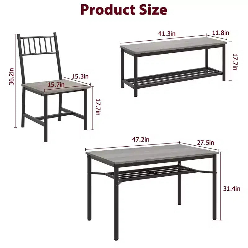 Keukentafel- en stoelenset voor 4 personen, eetkamerset voor 4 personen met bank en stoelen, 4-delige keukentafelset met opbergrek voor kleine ruimtes