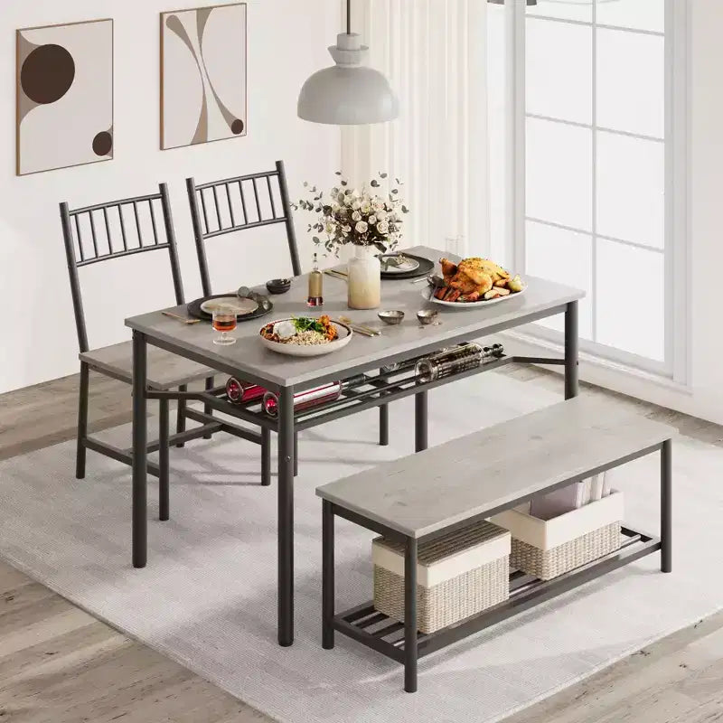 Keukentafel- en stoelenset voor 4 personen, eetkamerset voor 4 personen met bank en stoelen, 4-delige keukentafelset met opbergrek voor kleine ruimtes