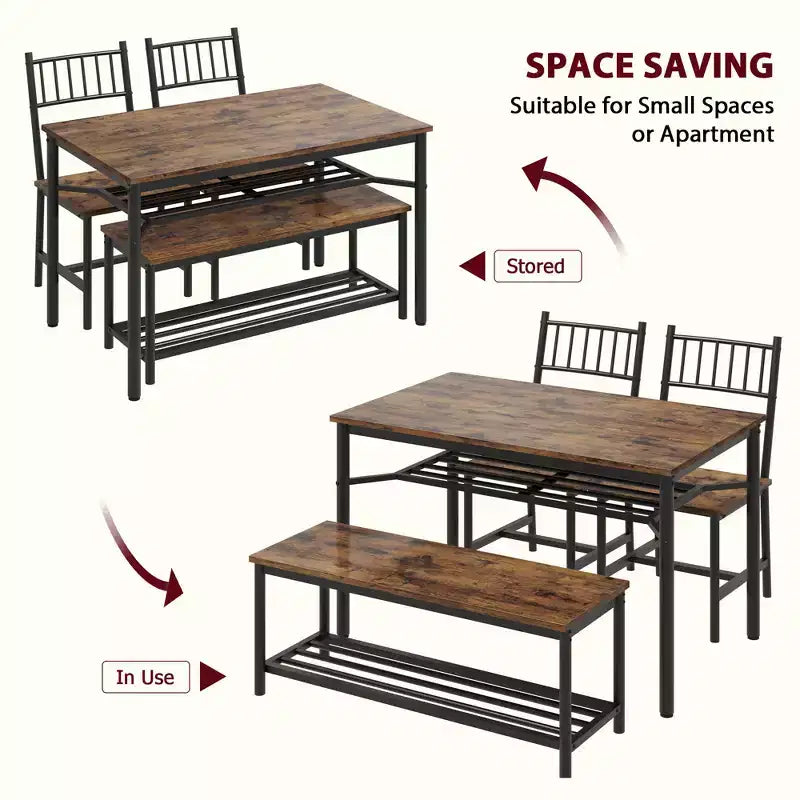 Keukentafel- en stoelenset voor 4 personen, eetkamerset voor 4 personen met bank en stoelen, 4-delige keukentafelset met opbergrek voor kleine ruimtes