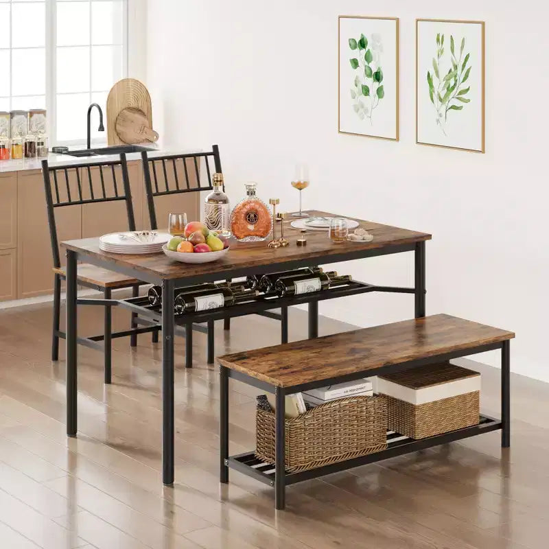 Keukentafel- en stoelenset voor 4 personen, eetkamerset voor 4 personen met bank en stoelen, 4-delige keukentafelset met opbergrek voor kleine ruimtes