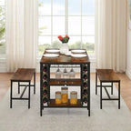 TRINITY Dining Table Set for 4, Kitchen Table Set for 4 with 2 Benches, Rectangular Dining Room Table Set with Wine Rack & Storage Shelves
