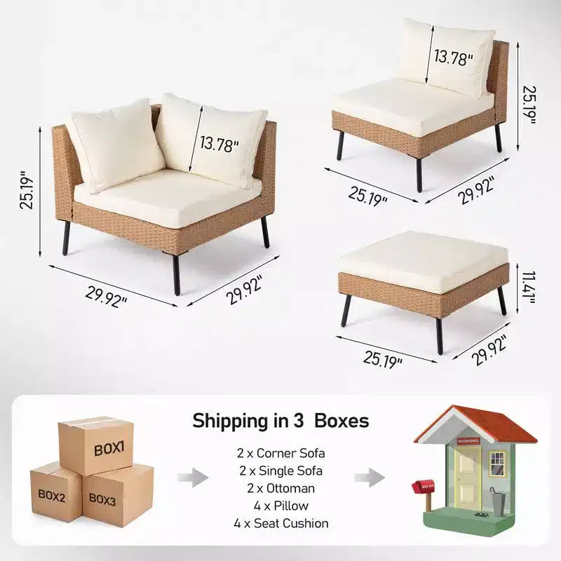 Karl Home 6-delige gele loungeset van vlechtwerk voor de patio met beige kussens