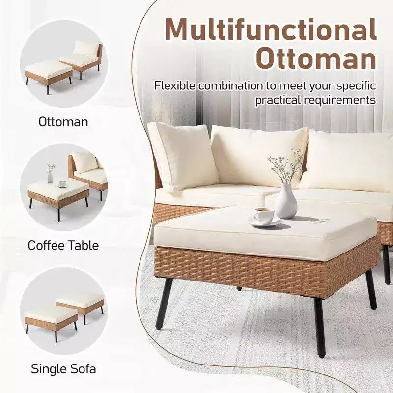 Karl Home 6-delige gele loungeset van vlechtwerk voor de patio met beige kussens