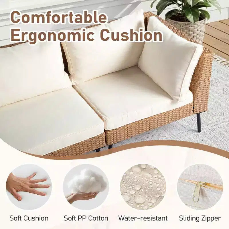 Karl Home 6-delige gele loungeset van vlechtwerk voor de patio met beige kussens