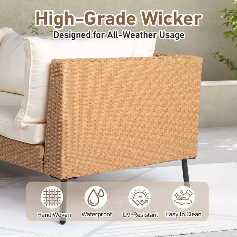 Karl Home 6-delige gele loungeset van vlechtwerk voor de patio met beige kussens