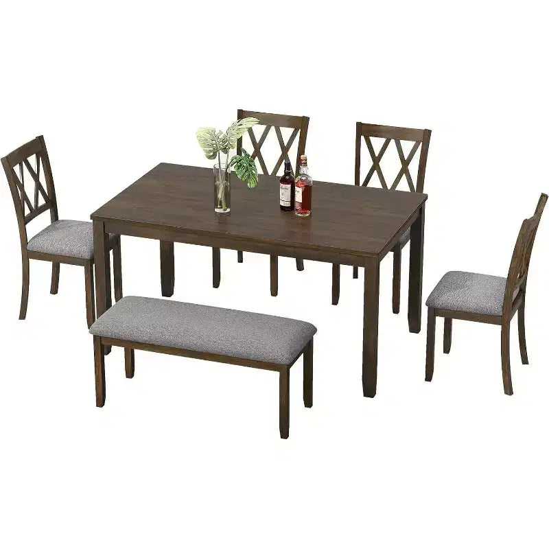 Zevemomo eetkamerset van 6 delen van massief hout, inclusief 1 eettafel, 4 gestoffeerde stoelen en 1 bank, voor eetkamer en keuken, walnoot