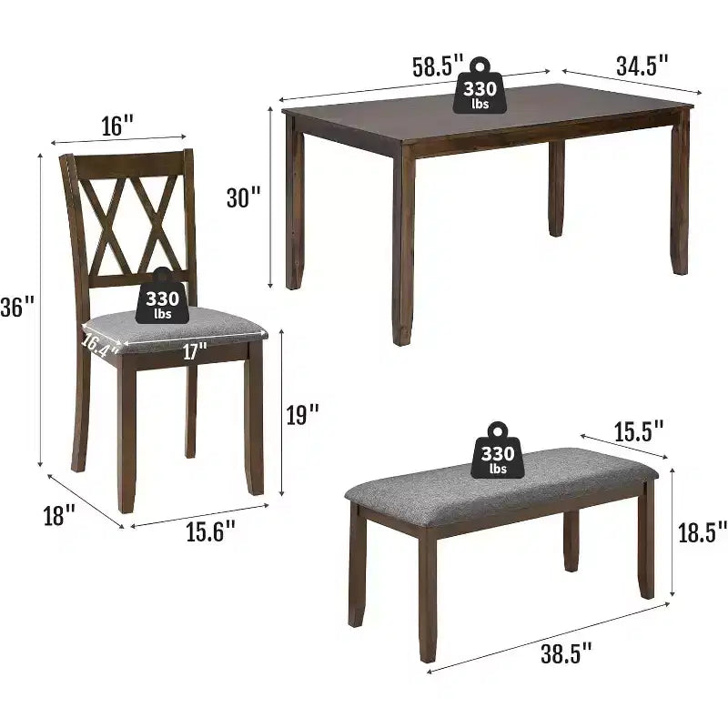Zevemomo eetkamerset van 6 delen van massief hout, inclusief 1 eettafel, 4 gestoffeerde stoelen en 1 bank, voor eetkamer en keuken, walnoot