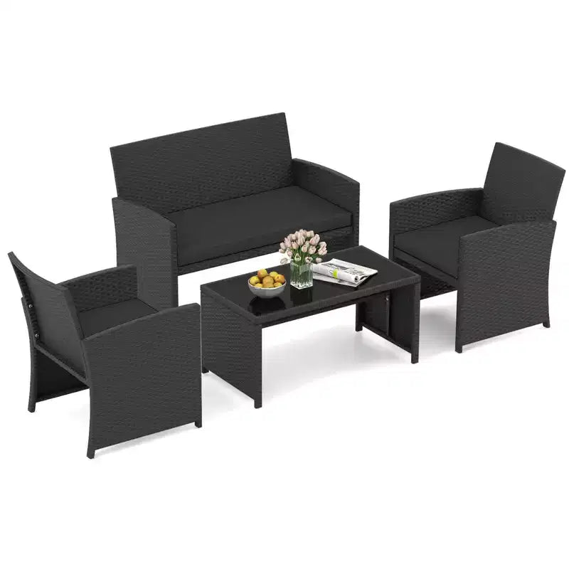 Costway 4 PCS Patio Conversation Set with Seat Cushions & Tempered Glass Tabletop, Outdoor Red/Black/Off-white/Gray/Turquoise/Navy