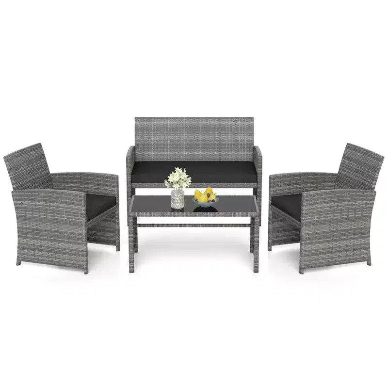 Costway 4 PCS Patio Conversation Set with Seat Cushions & Tempered Glass Tabletop, Outdoor Red/Black/Off-white/Gray/Turquoise/Navy