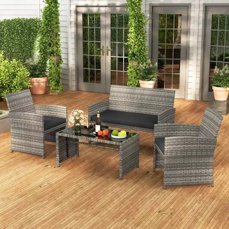 Costway 4 PCS Patio Conversation Set with Seat Cushions & Tempered Glass Tabletop, Outdoor Red/Black/Off-white/Gray/Turquoise/Navy