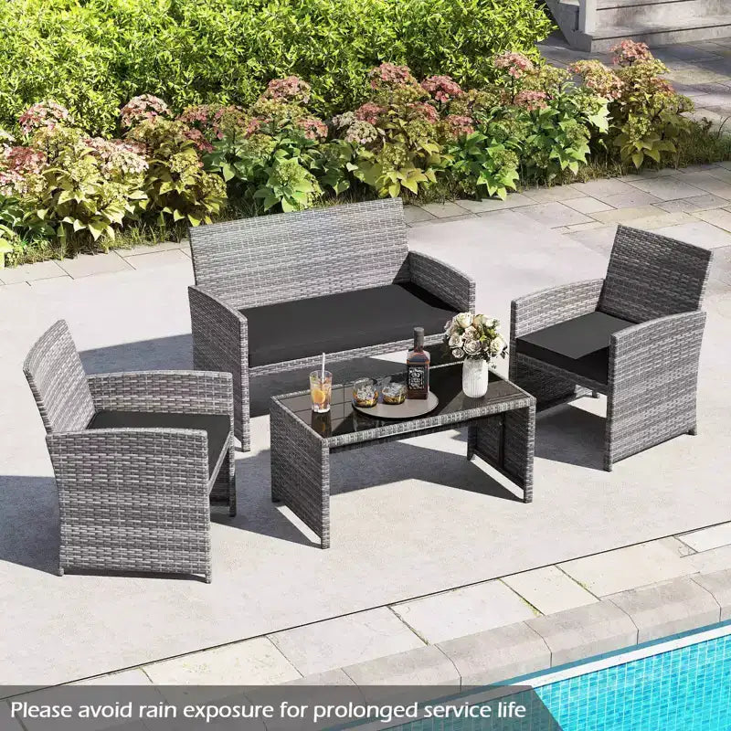 Costway 4 PCS Patio Conversation Set with Seat Cushions & Tempered Glass Tabletop, Outdoor Red/Black/Off-white/Gray/Turquoise/Navy