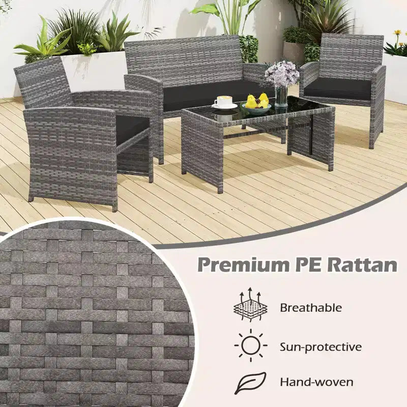 Costway 4 PCS Patio Conversation Set with Seat Cushions & Tempered Glass Tabletop, Outdoor Red/Black/Off-white/Gray/Turquoise/Navy
