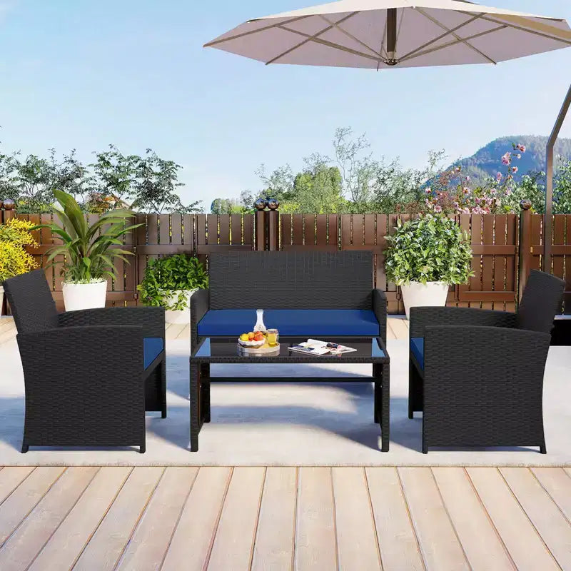 Costway 4 PCS Patio Conversation Set with Seat Cushions & Tempered Glass Tabletop, Outdoor Red/Black/Off-white/Gray/Turquoise/Navy